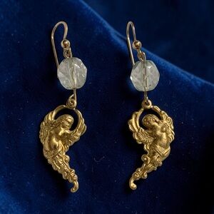 NWT Gold Angel Figural Drop Earrings Antique Crystal Beads Art Nouveau Style
